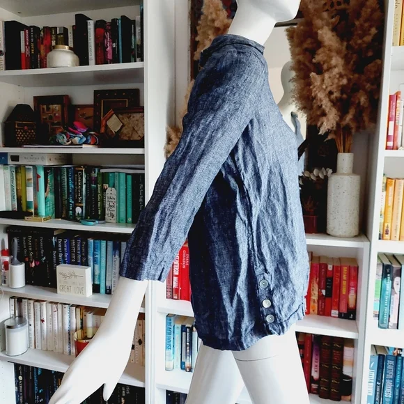 Tahari Blue Relaxed Sleeve Pure Linen Boho V Neck Lagenlook Tunic Blouse P4044 - Picture 3 of 6